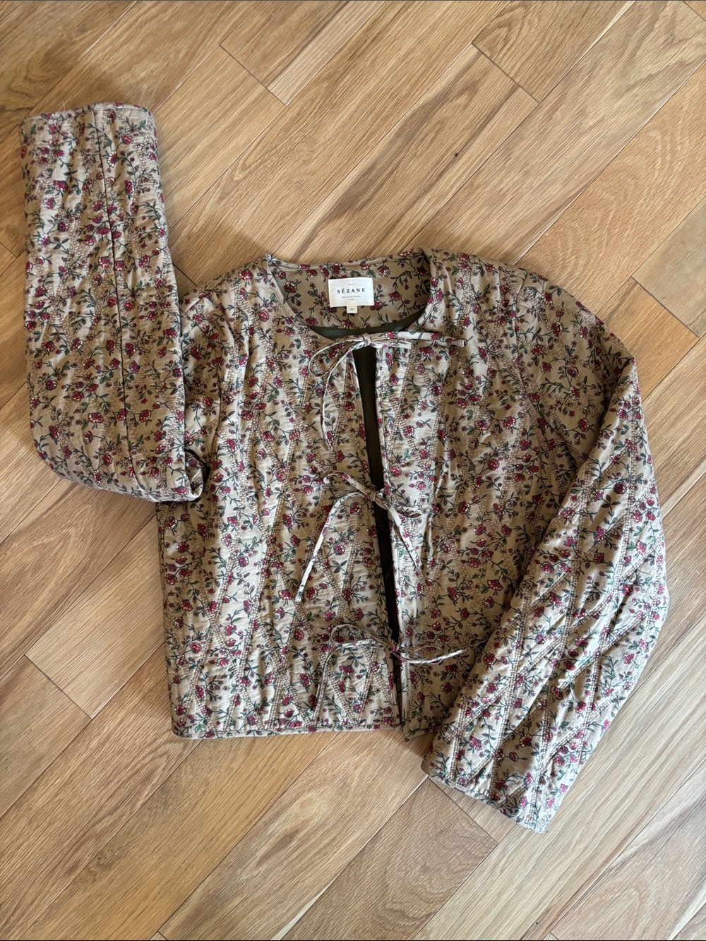Sezane Beige Quilted Bomber Jacket with Burgundy Floral Print